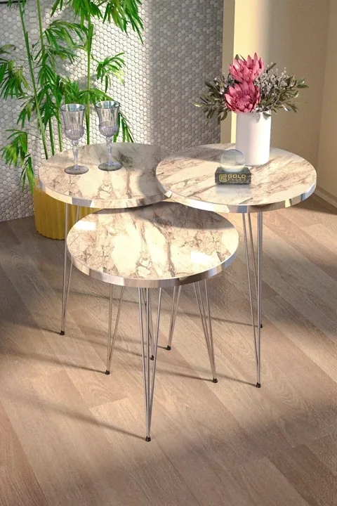 Round Nesting Table Set Gold Wire Legs - White Marble Effect
