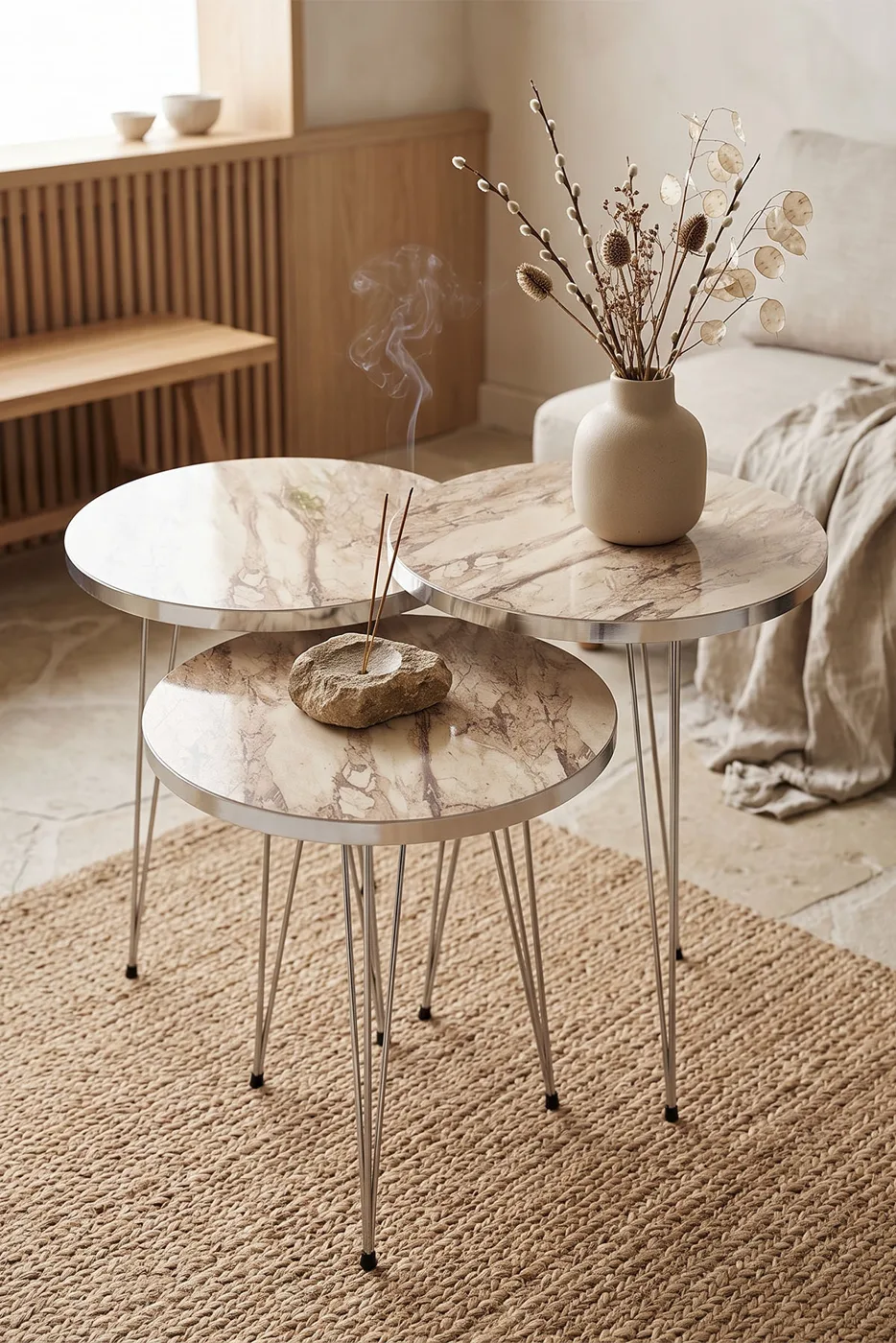 Round Nesting Table Set Gold Wire Legs - White Marble Effect