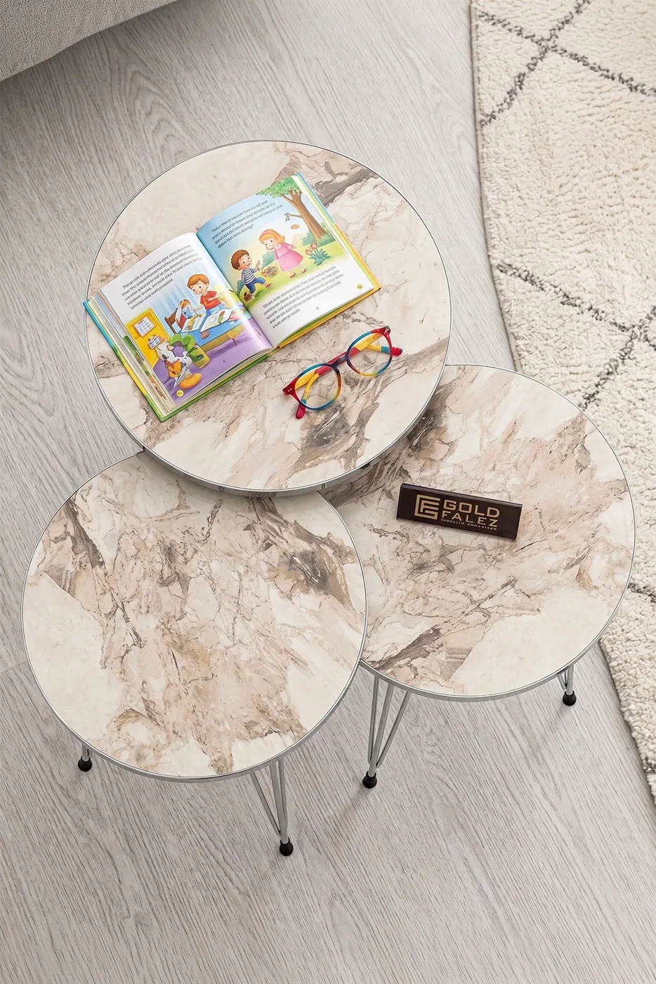 Round Nesting Table Set Gold Wire Legs - White Marble Effect