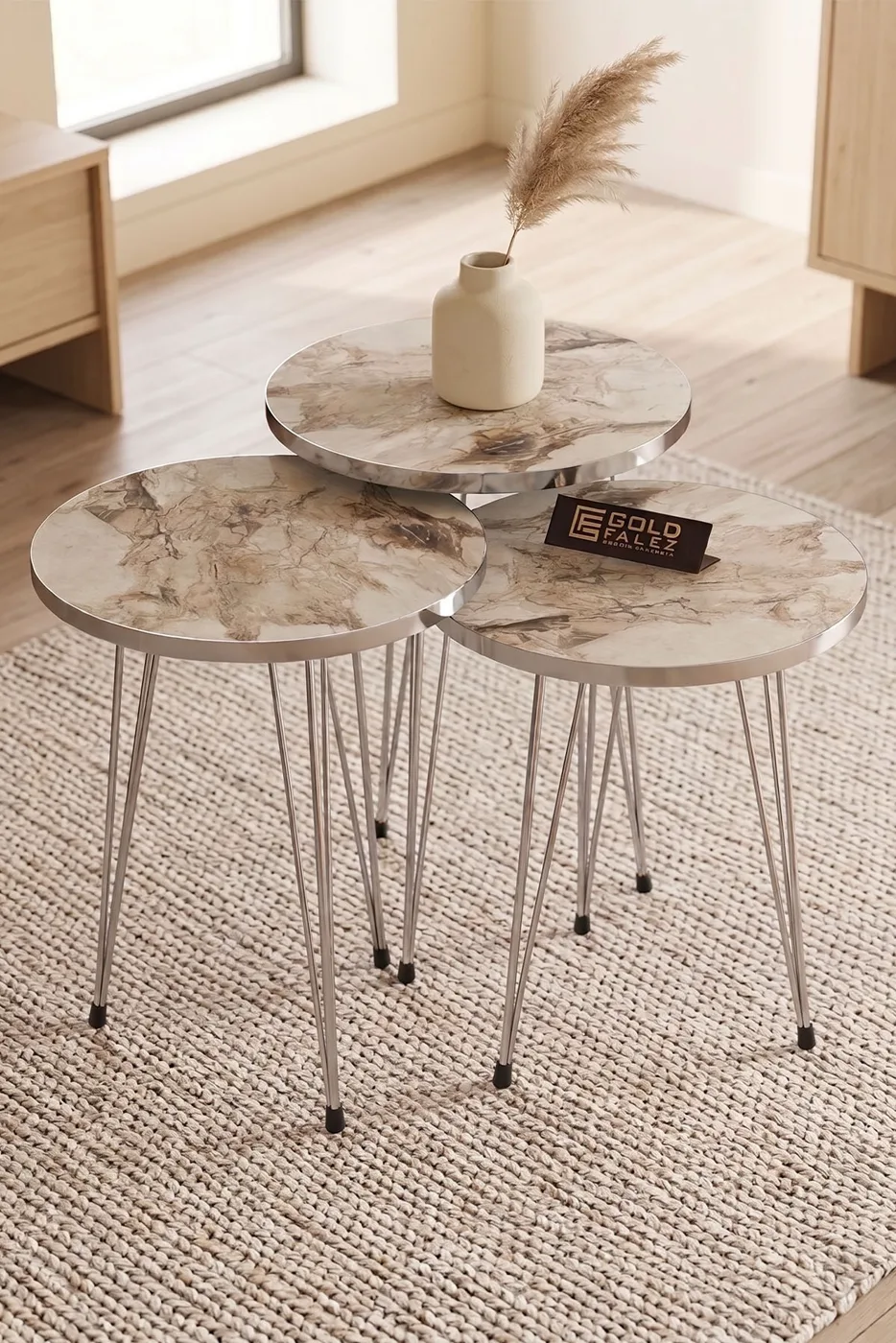 Round Nesting Table Set Gold Wire Legs - White Marble Effect
