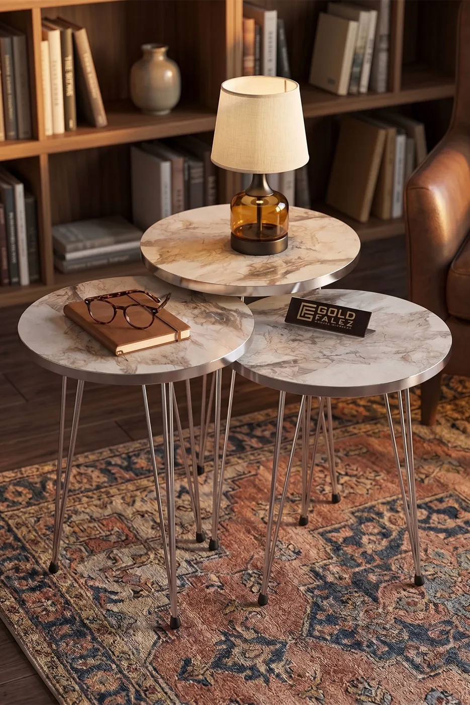 Round Nesting Table Set Gold Wire Legs - White Marble Effect