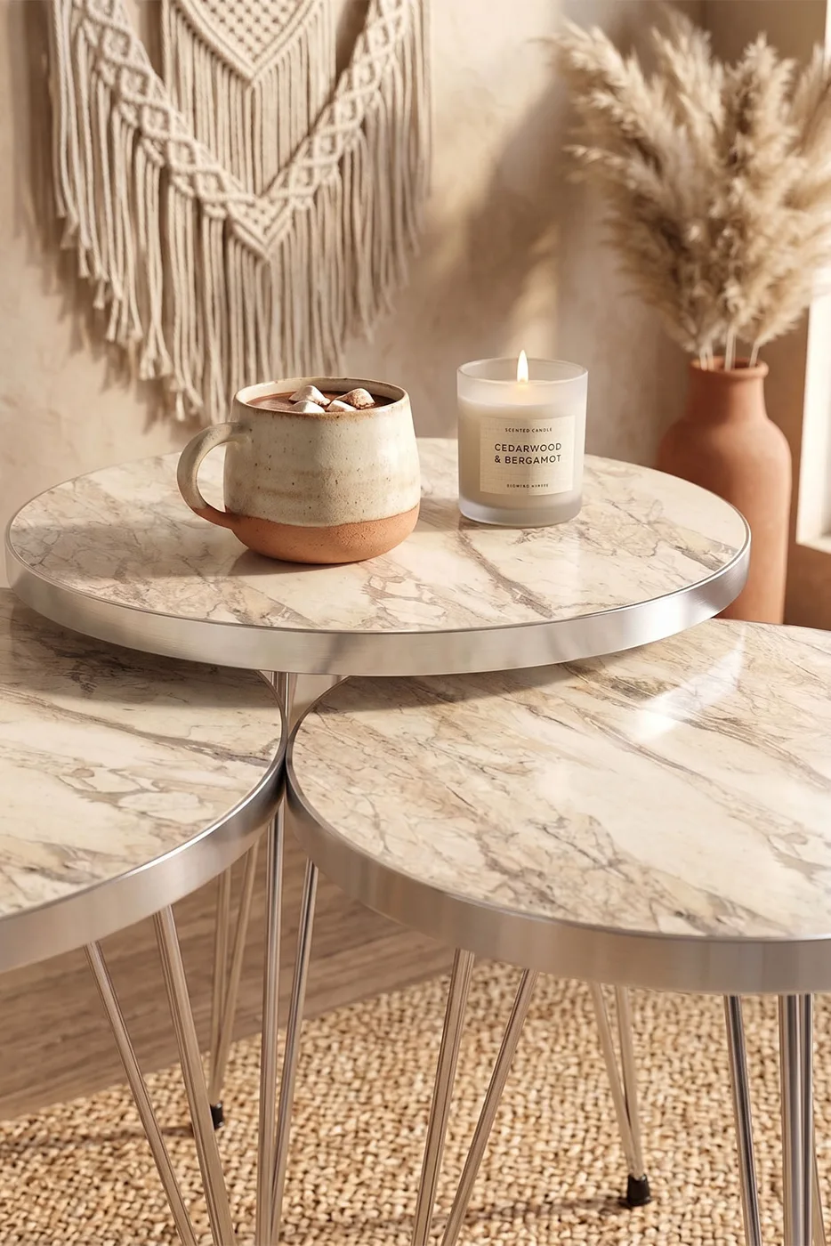 Round Nesting Table Set Gold Wire Legs - White Marble Effect
