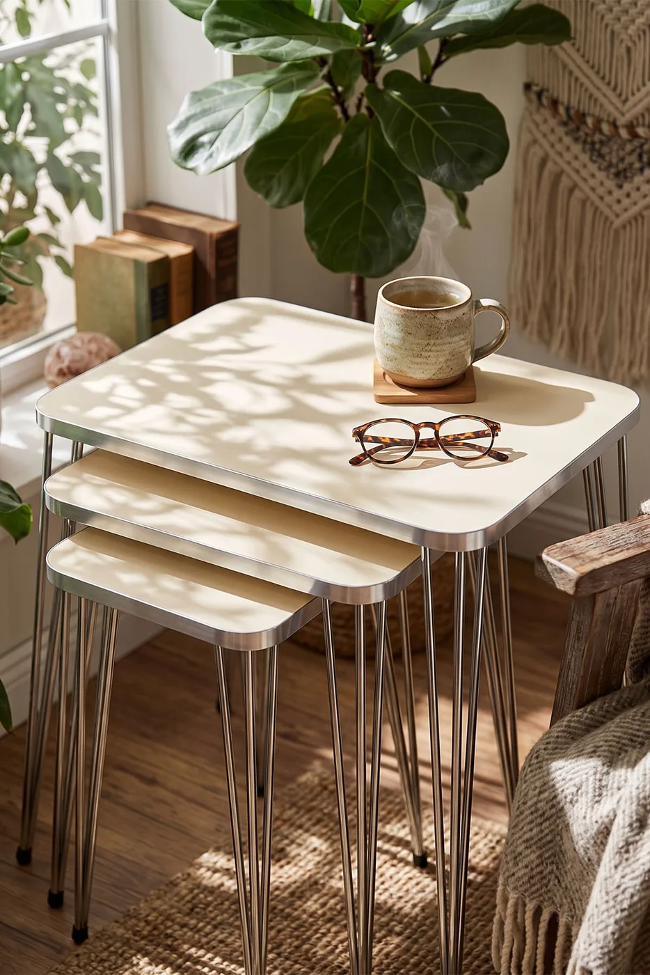 Vierkante mimisettafelset goudkleurige draadpoten - crème