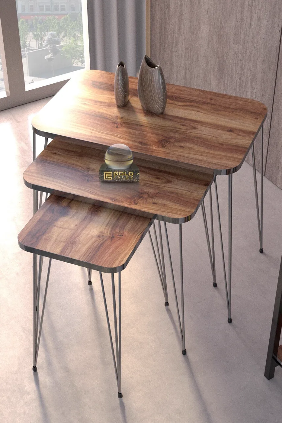 Rectangular 4-Piece Table Set Gold Wire Legs - Walnut