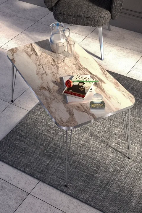 Rectangular Coffee Table Gold Wire Legs - White Marble Effect