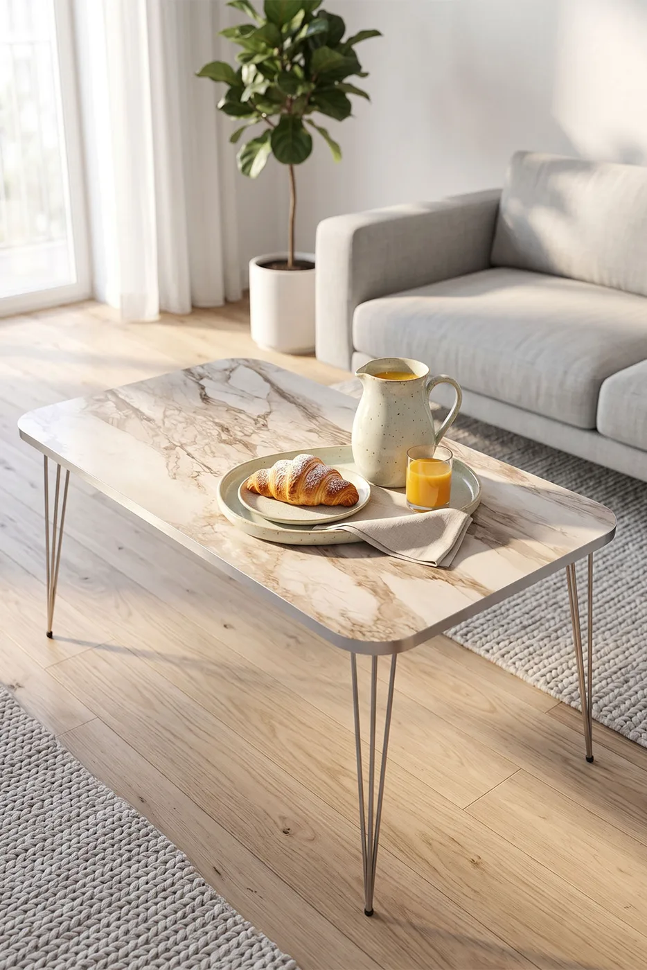 Rectangular Coffee Table Gold Wire Legs - White Marble Effect