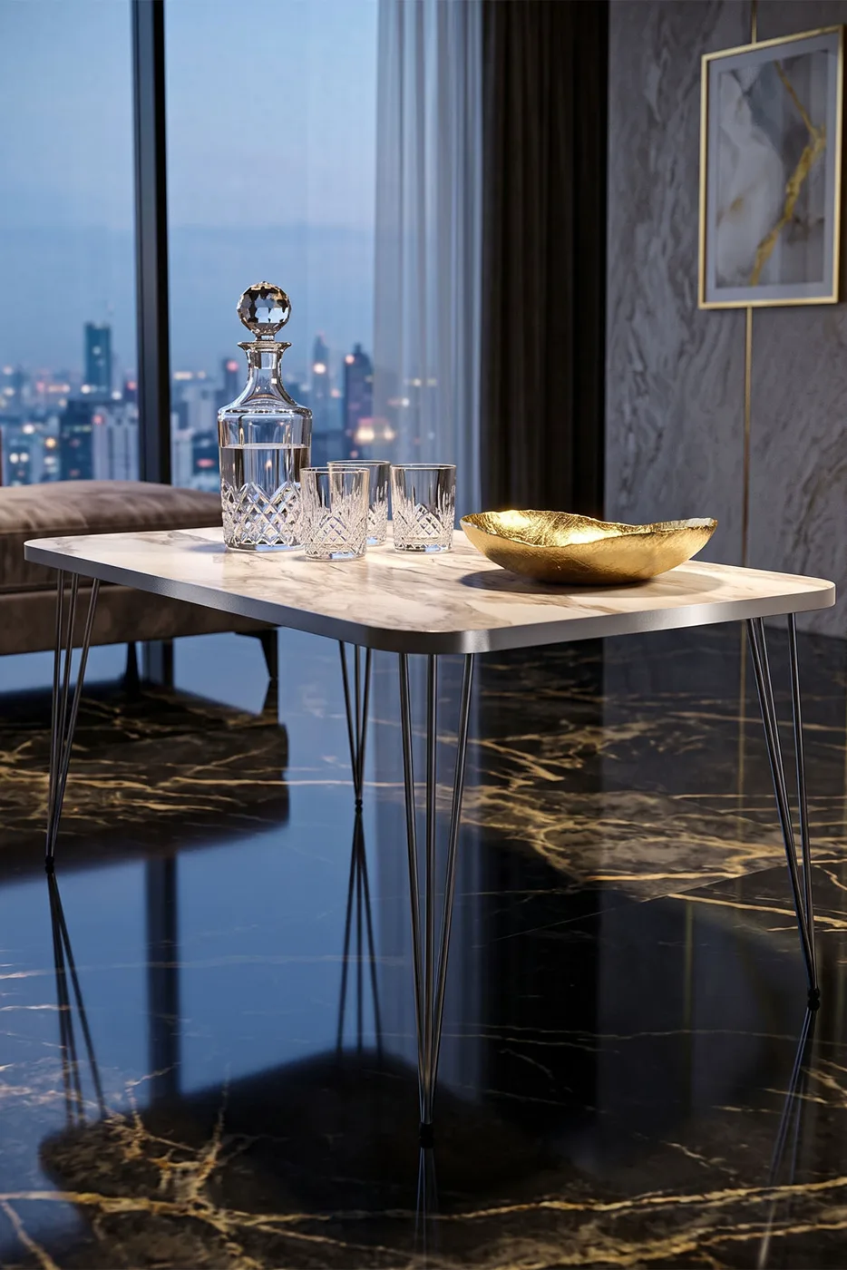 Rectangular Coffee Table Gold Wire Legs - White Marble Effect