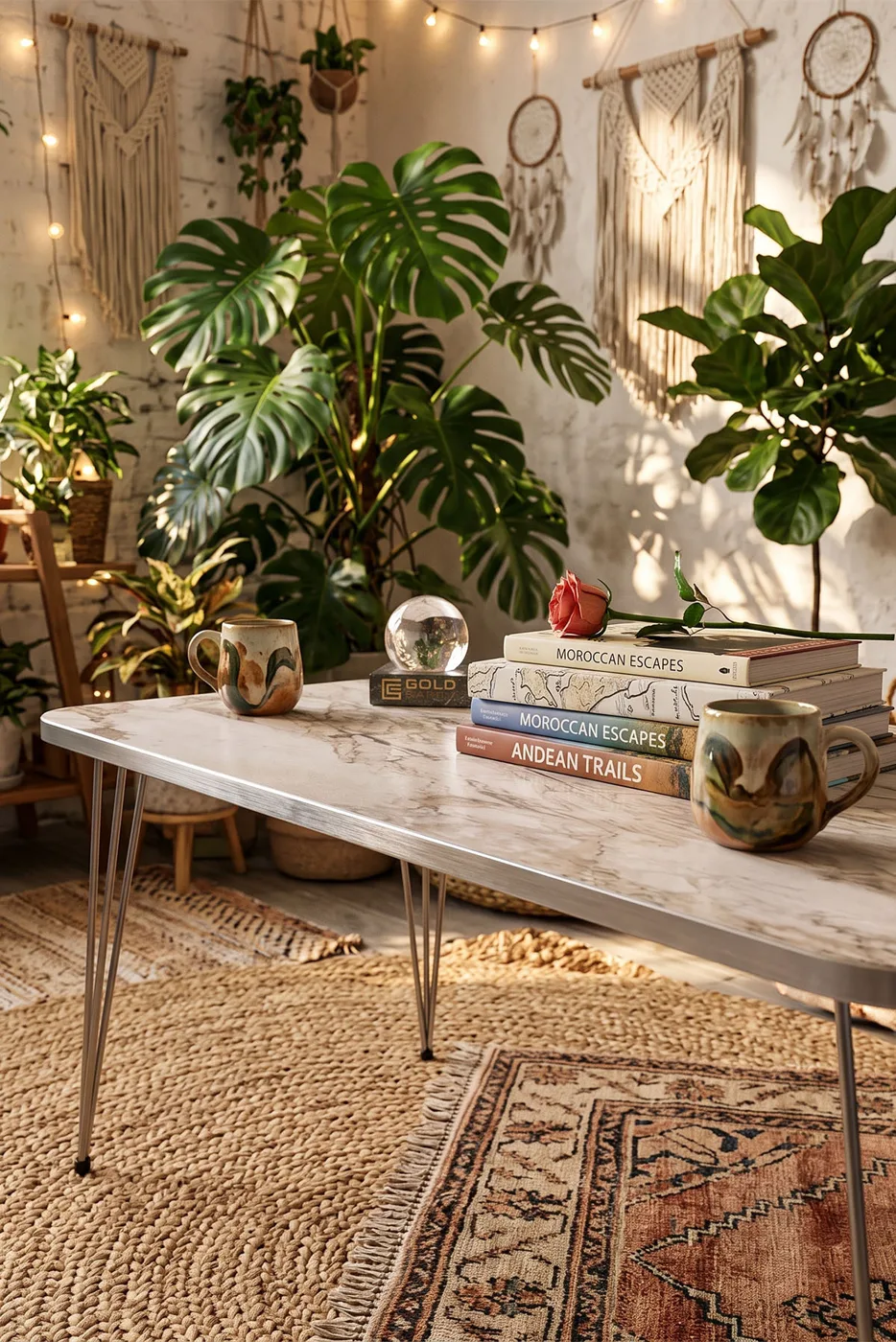 Rectangular Coffee Table Gold Wire Legs - White Marble Effect