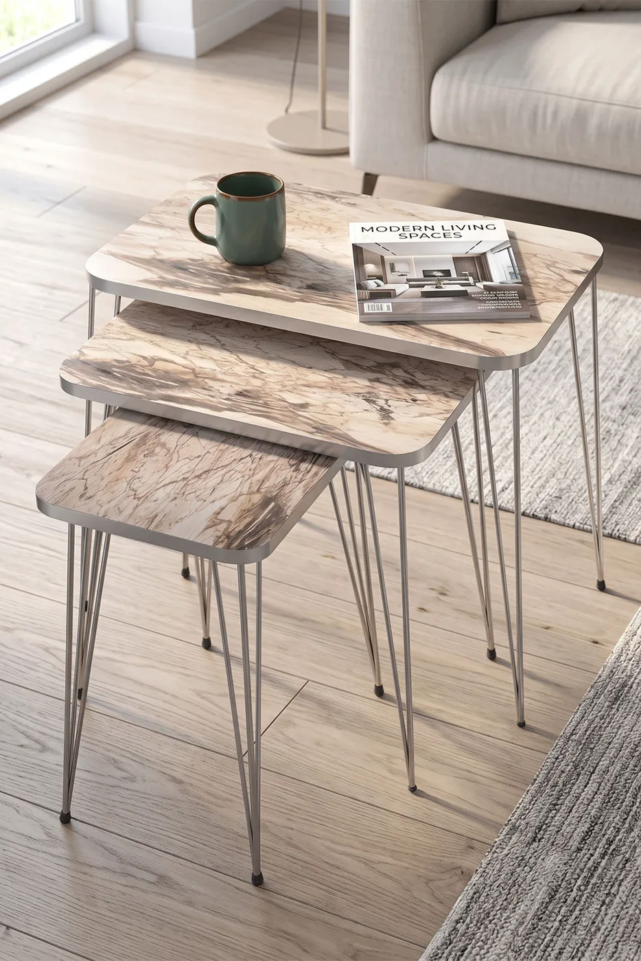 Ensemble de tables gigognes carrées pieds en fil doré - Effet marbre blanc