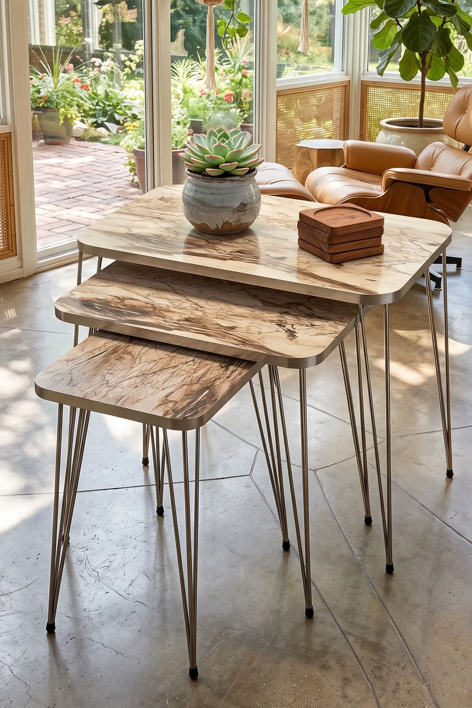 Ensemble de tables gigognes carrées pieds en fil doré - Effet marbre blanc