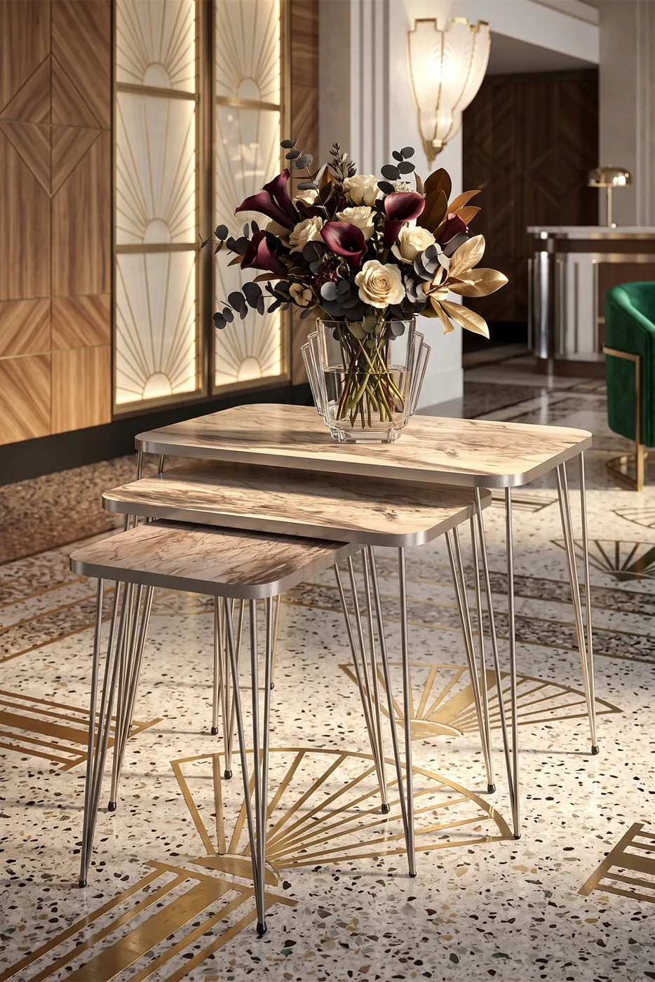 Ensemble de tables gigognes carrées pieds en fil doré - Effet marbre blanc