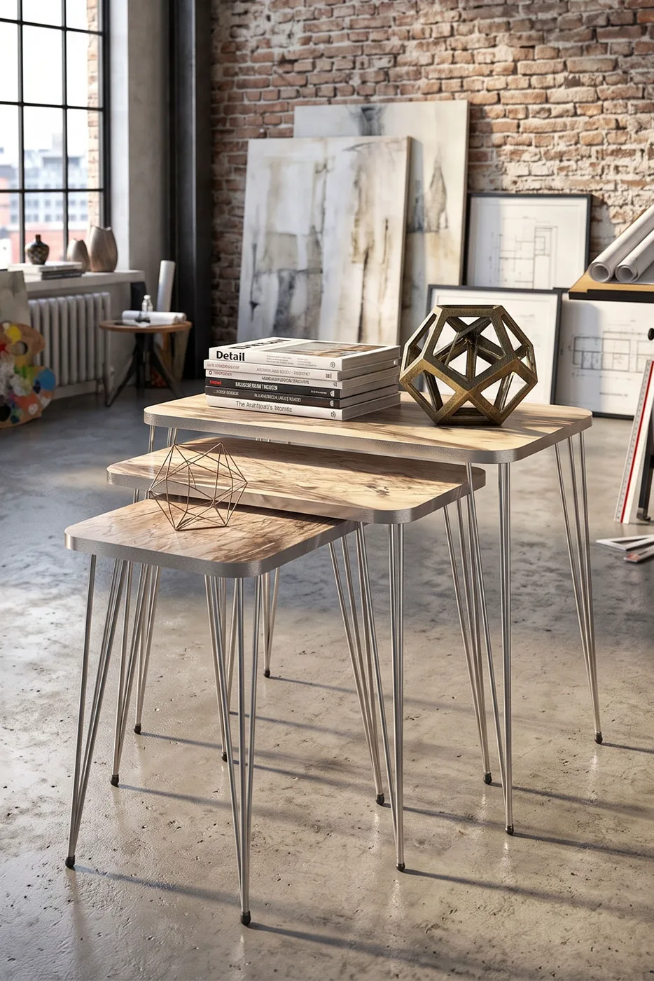 Ensemble de tables gigognes carrées pieds en fil doré - Effet marbre blanc