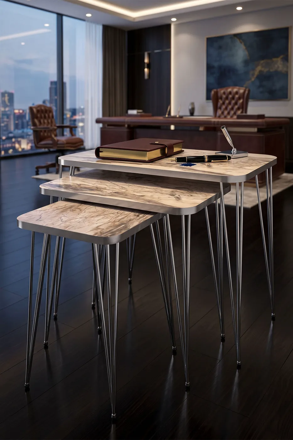 Ensemble de tables gigognes carrées pieds en fil doré - Effet marbre blanc