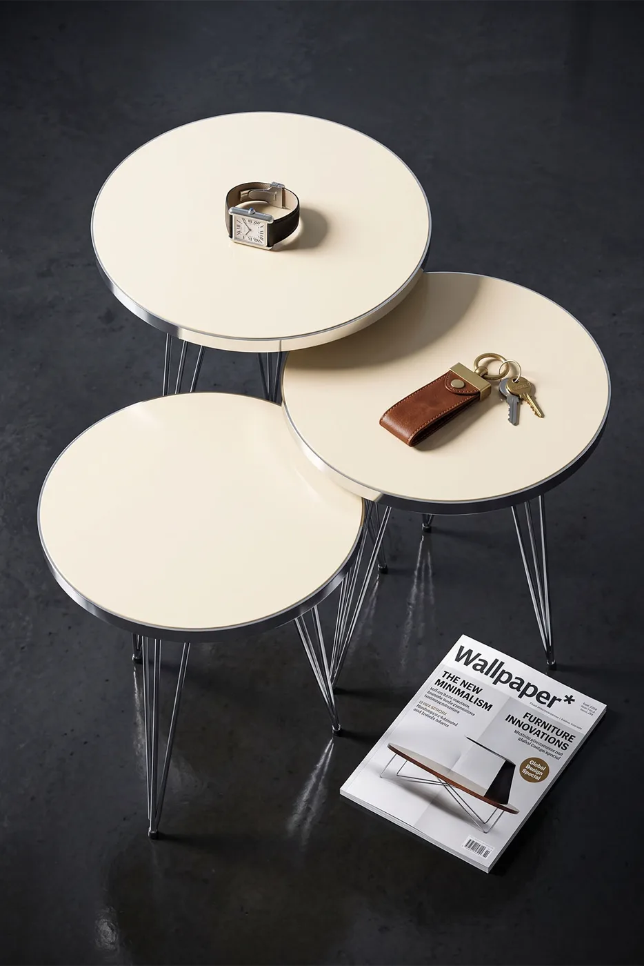 Round Nesting Table Set Gold Wire Legs - Cream