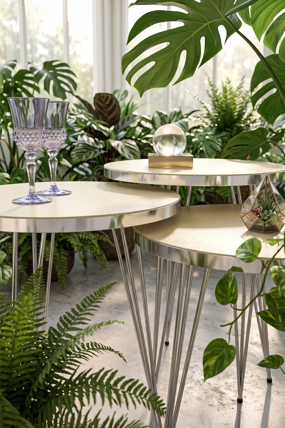 Round Nesting Table Set Gold Wire Legs - Cream