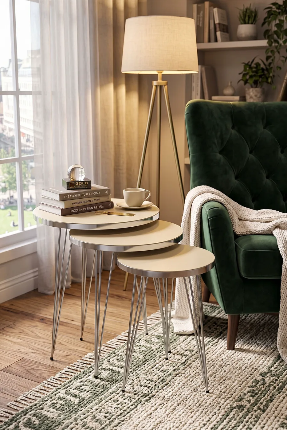 Round Nesting Table Set Gold Wire Legs - Cream