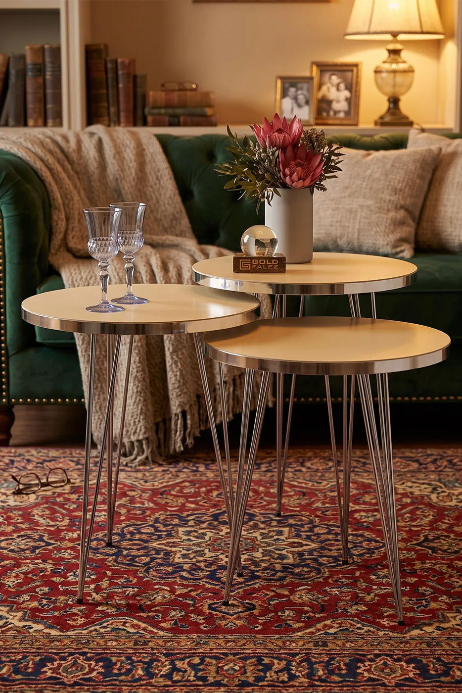 Round Nesting Table Set Gold Wire Legs - Cream