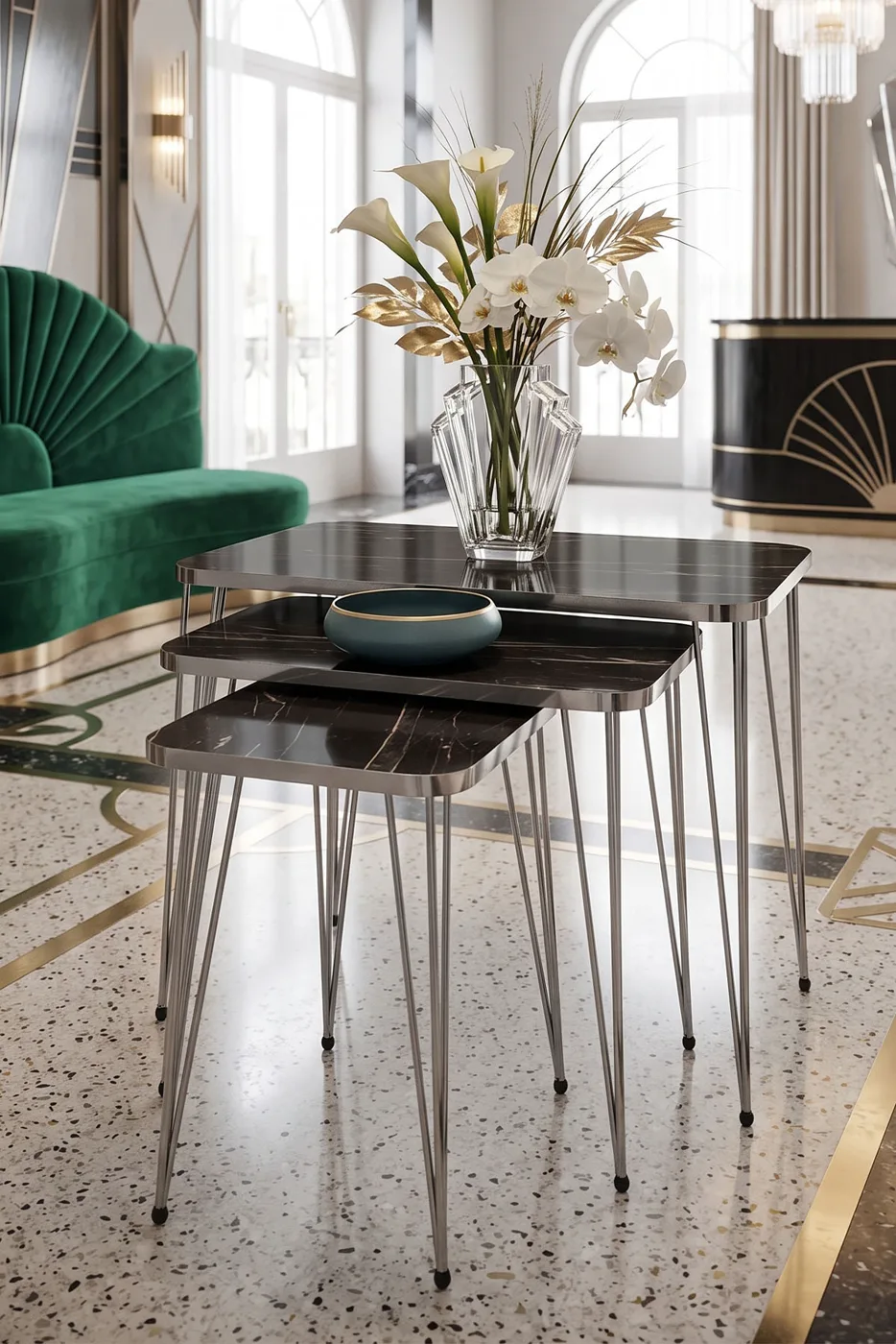 Set di tavolini a incastro quadrati con gambe in filo d'oro - effetto marmo nero