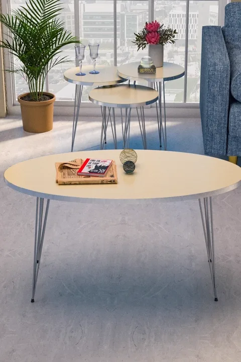 Oval 4-Piece Table Set Gold Wire Legs - Cream