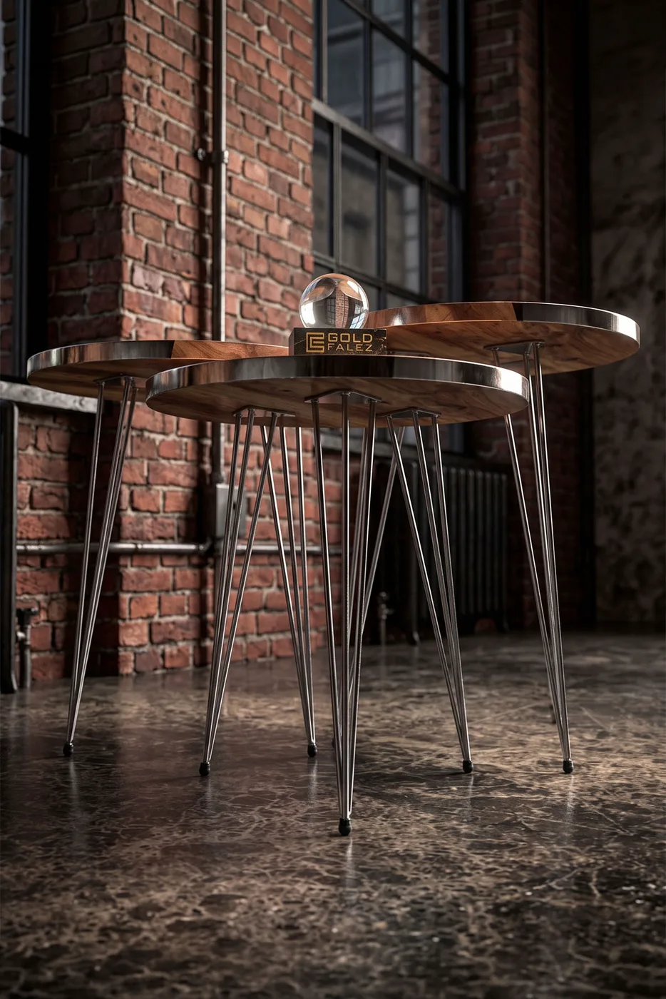 Round Nesting Table Set Gold Wire Legs - Walnut