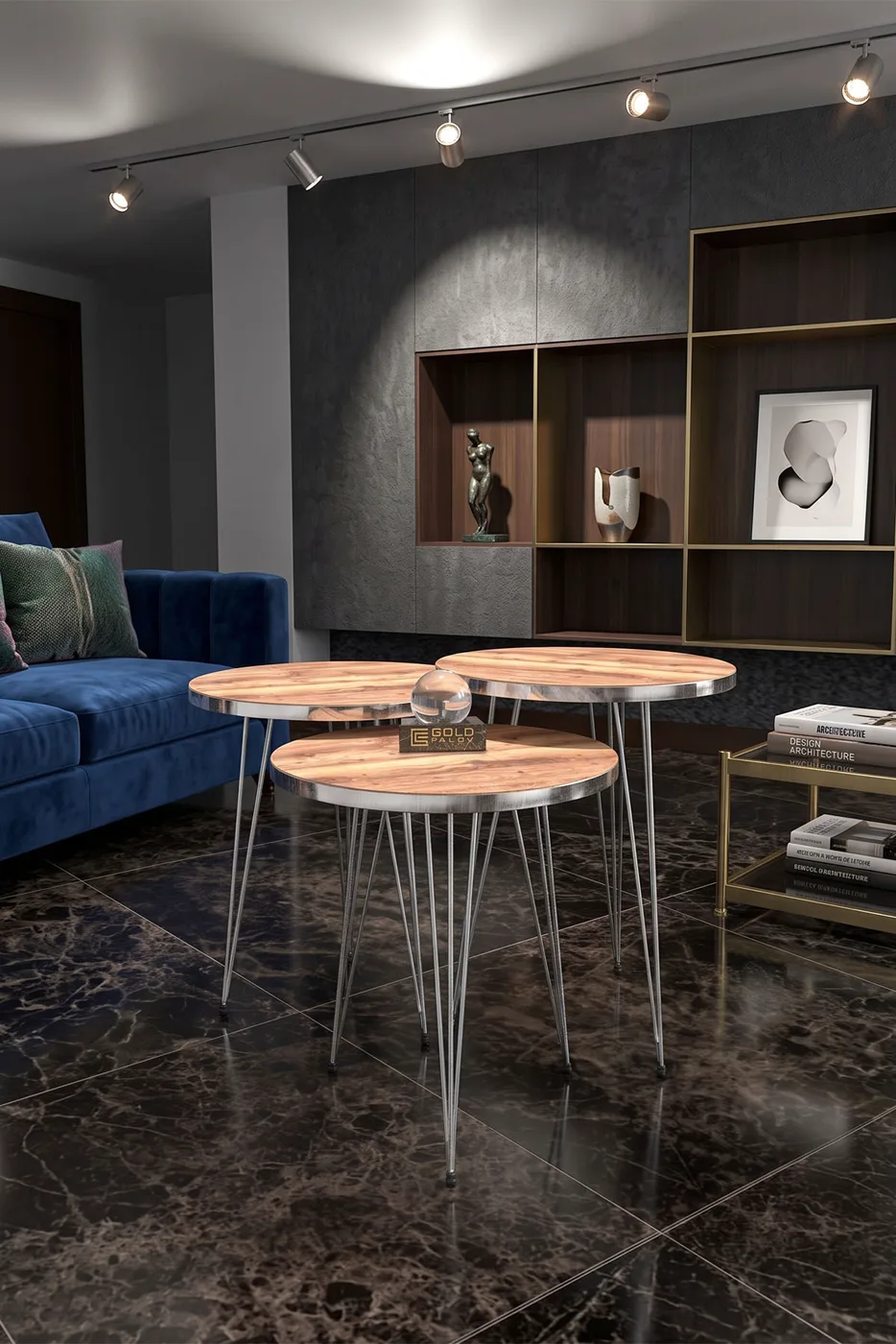 Round Nesting Table Set Gold Wire Legs - Walnut