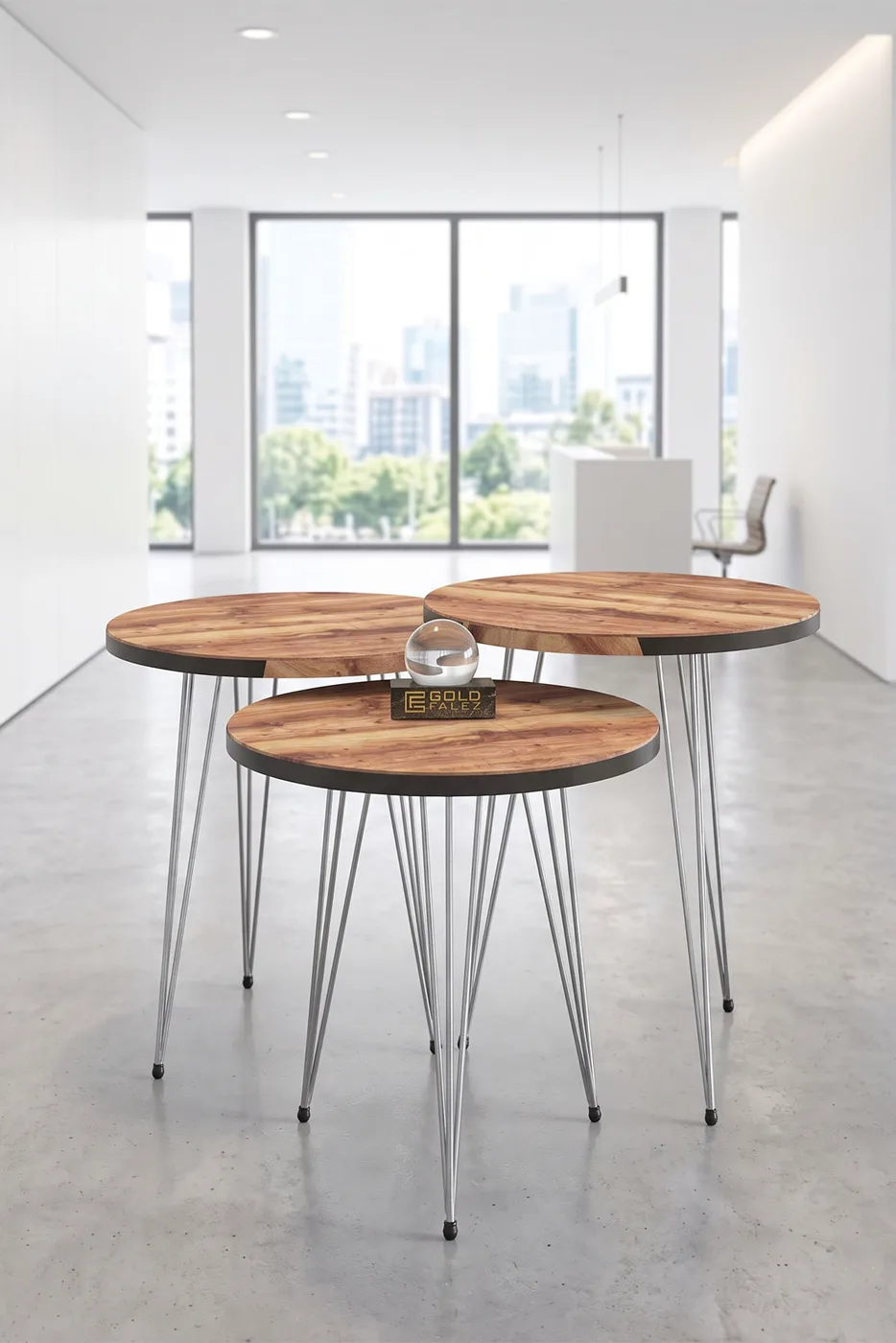 Round Nesting Table Set Gold Wire Legs - Walnut