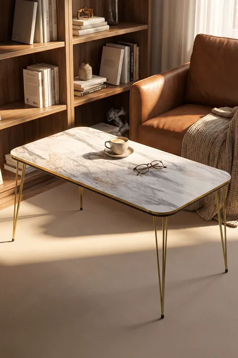 Rectangular Coffee Table Gold Wire Legs - White