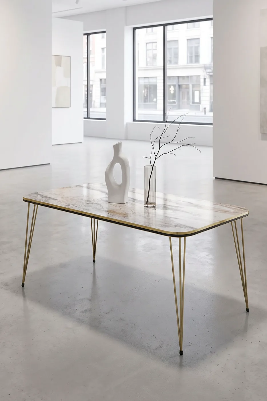 Rectangular Coffee Table Gold Wire Legs - White