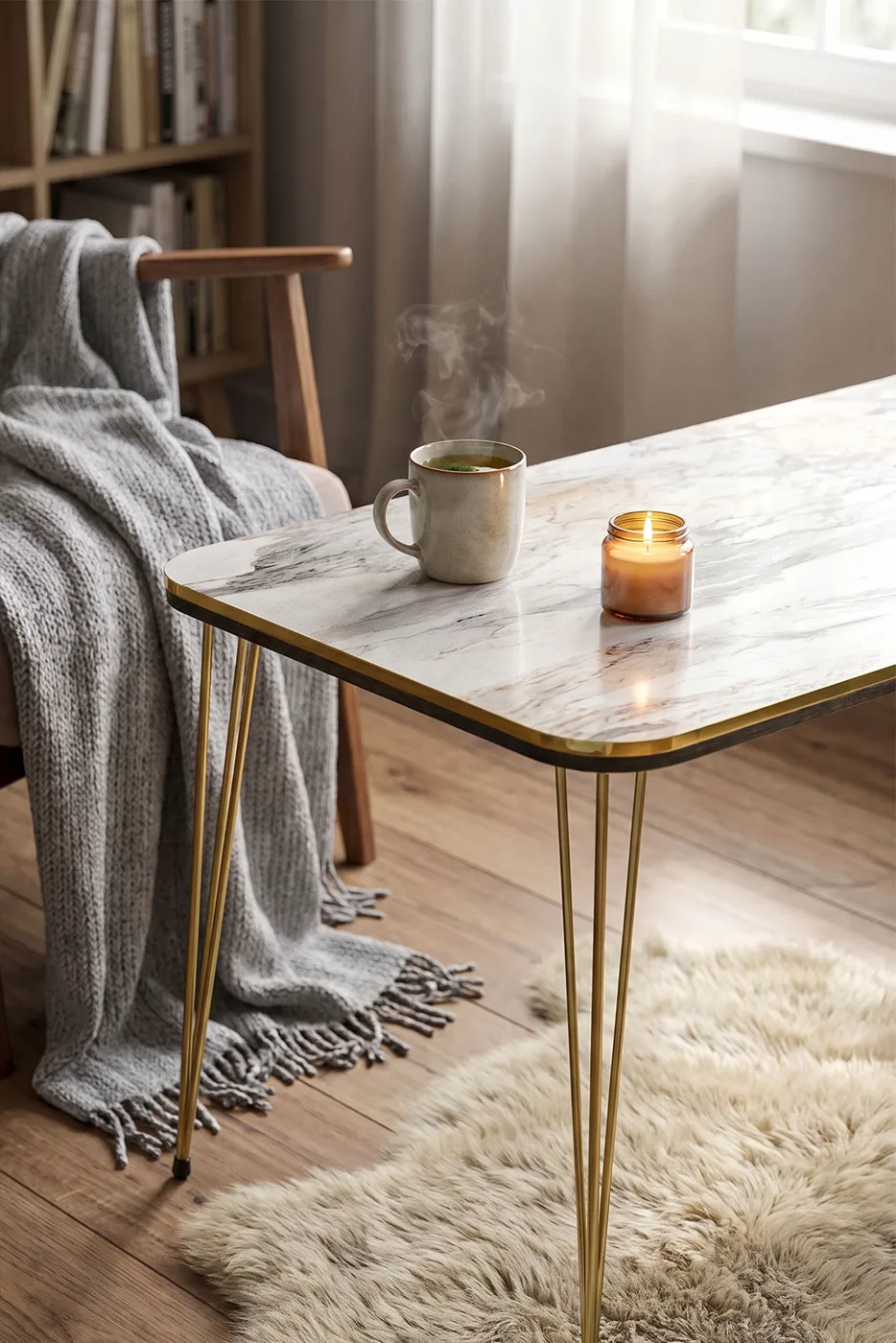 Rectangular Coffee Table Gold Wire Legs - White