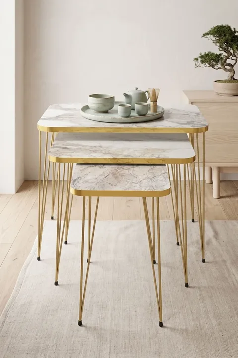 Rectangular Nesting Table Set Gold Wire Legs - White Marble Effect
