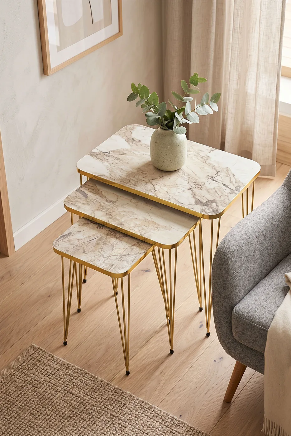 Rectangular Nesting Table Set Gold Wire Legs - White Marble Effect