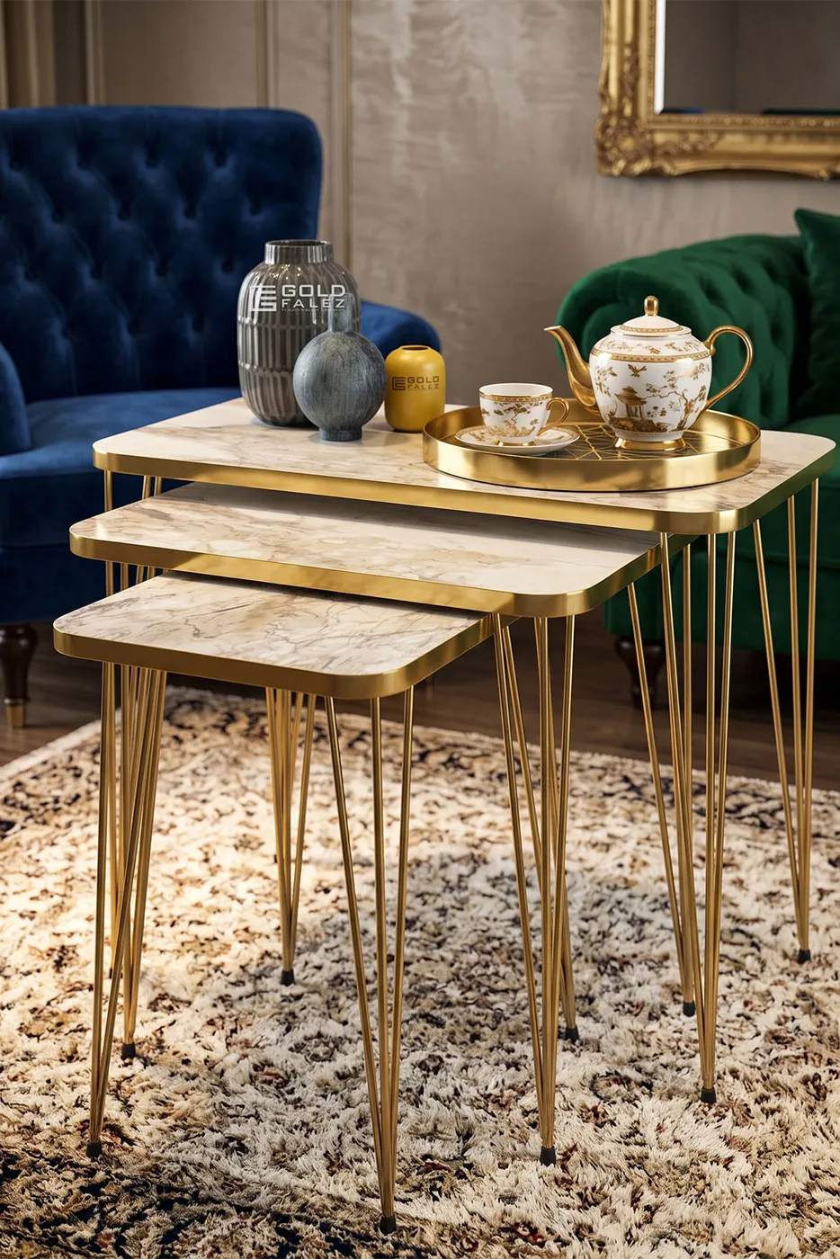 Rectangular Nesting Table Set Gold Wire Legs - White Marble Effect