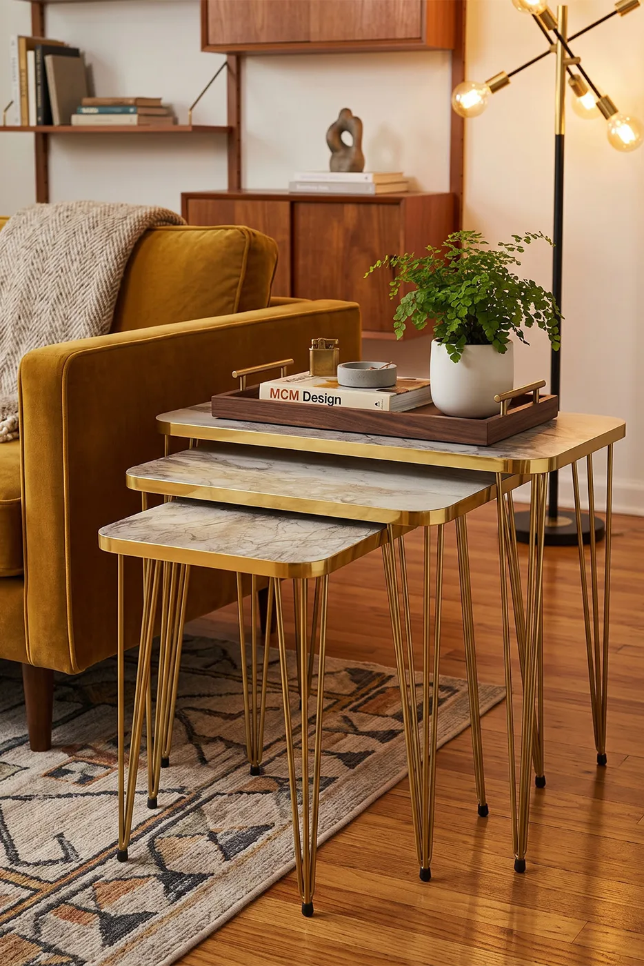 Rectangular Nesting Table Set Gold Wire Legs - White Marble Effect