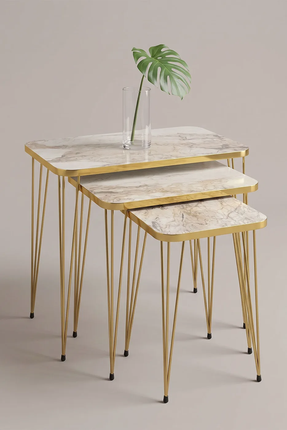 Rectangular Nesting Table Set Gold Wire Legs - White Marble Effect