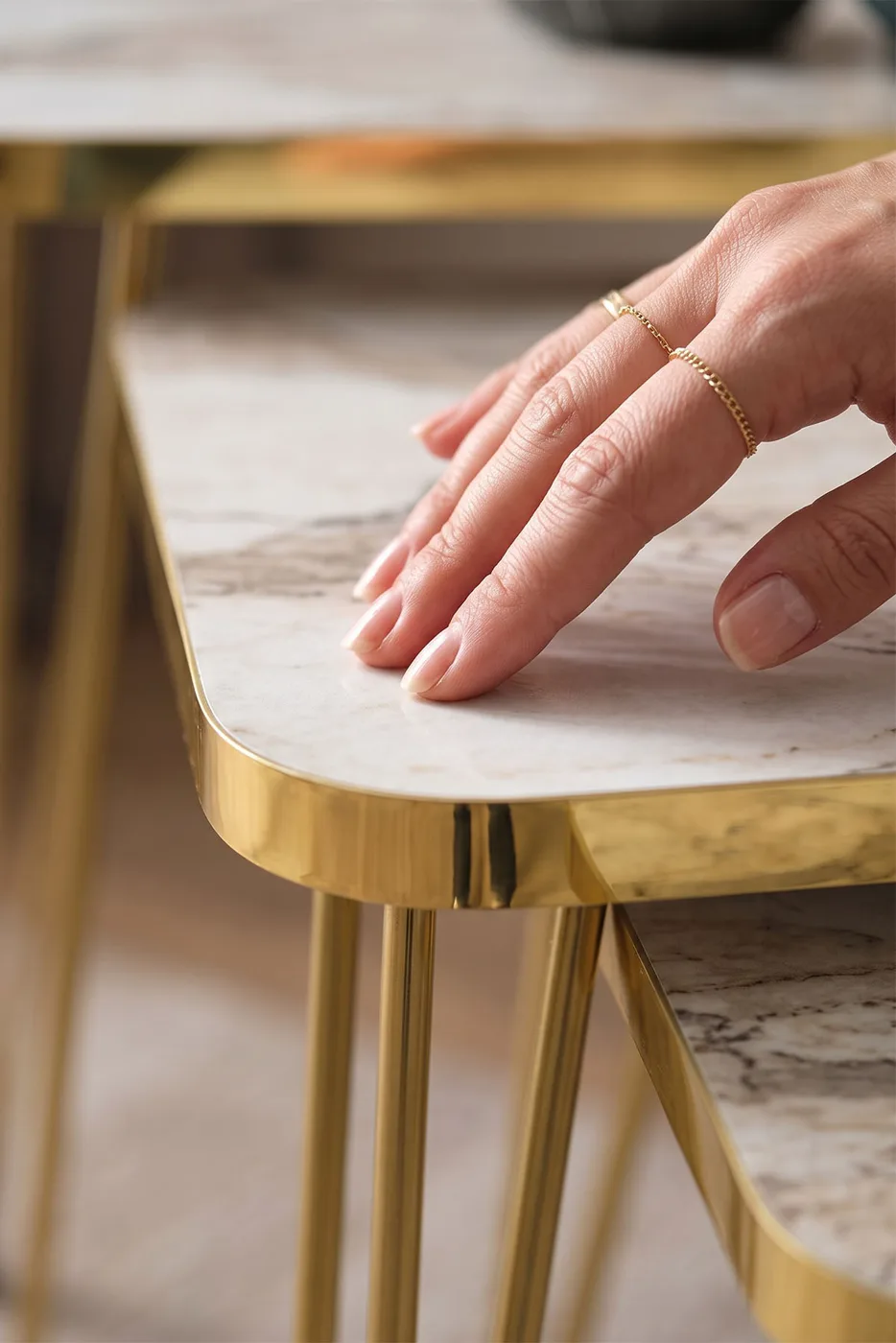 Rectangular Nesting Table Set Gold Wire Legs - White Marble Effect