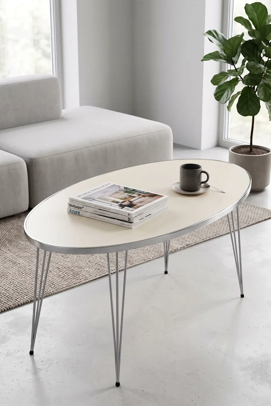 Oval Coffee Table Gold Wire Legs - Cream