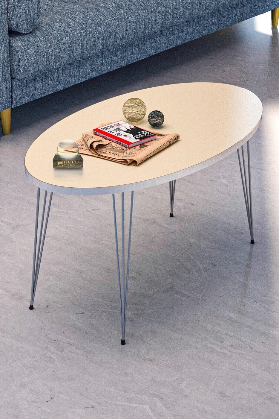 Oval Coffee Table Gold Wire Legs - Cream