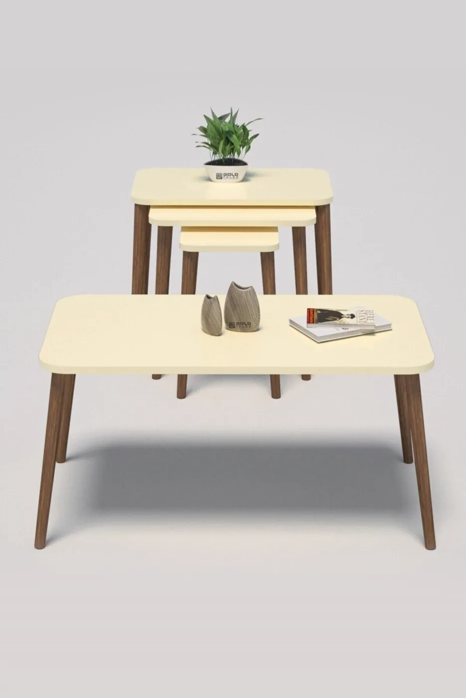 Rectangular Coffee & Nesting Table Set Turned Wooden Legs - White Marble Effect