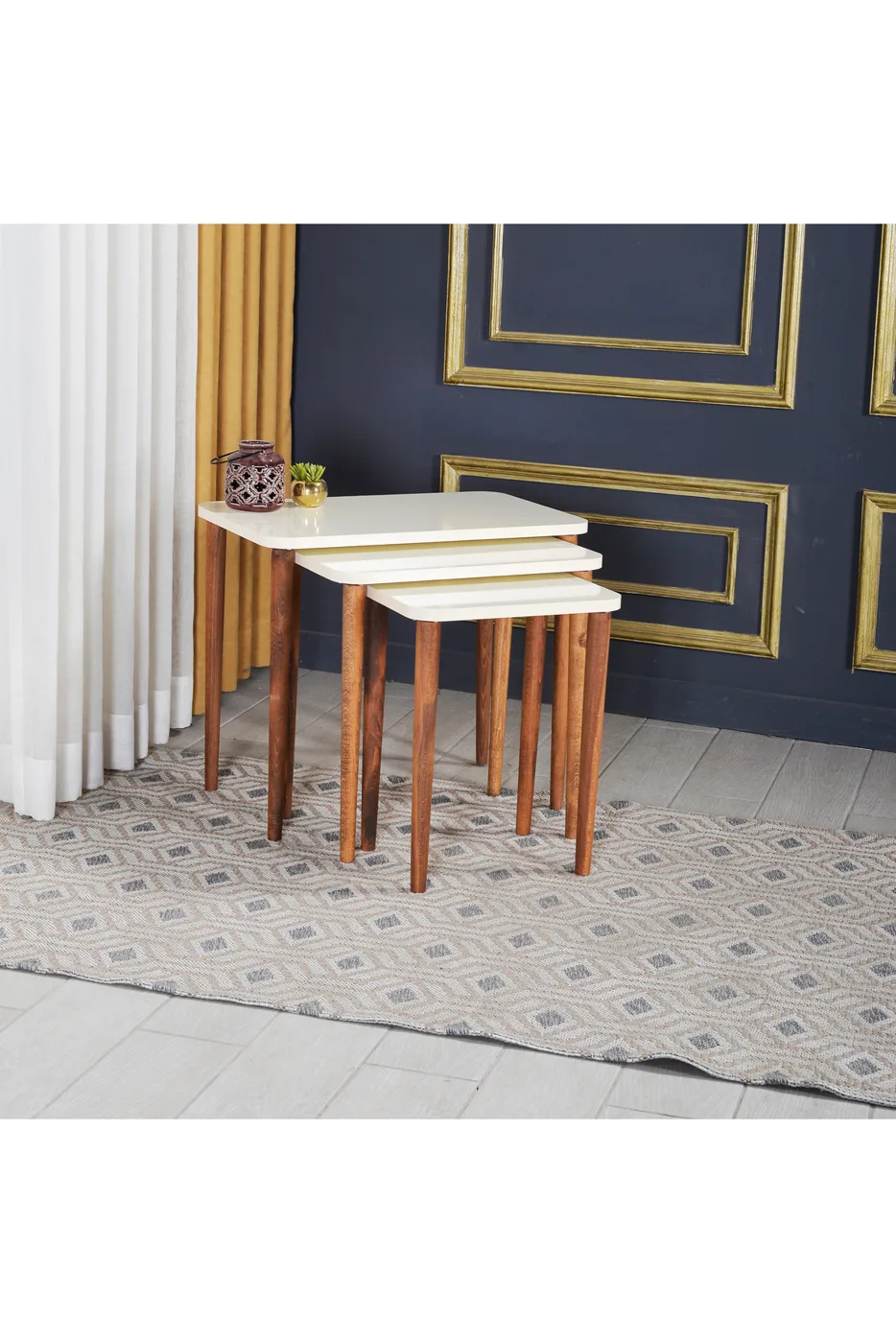 Rectangular Coffee & Nesting Table Set Turned Wooden Legs - White Marble Effect