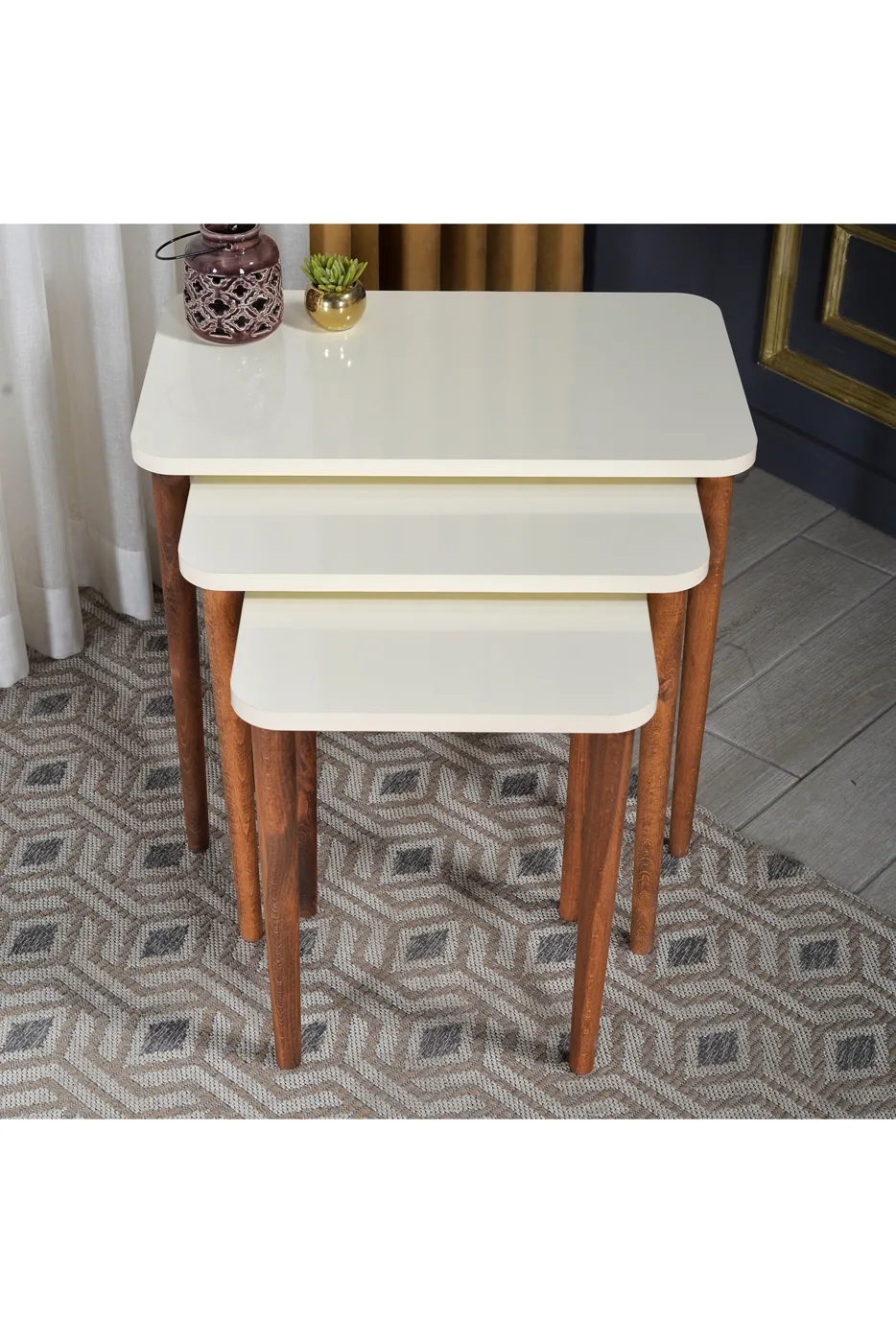 Rectangular Coffee & Nesting Table Set Turned Wooden Legs - White Marble Effect