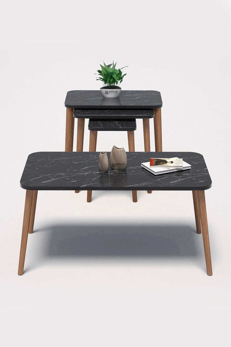 Rectangular Coffee & Nesting Table Set Turned Wooden Legs - Black Marble Effect