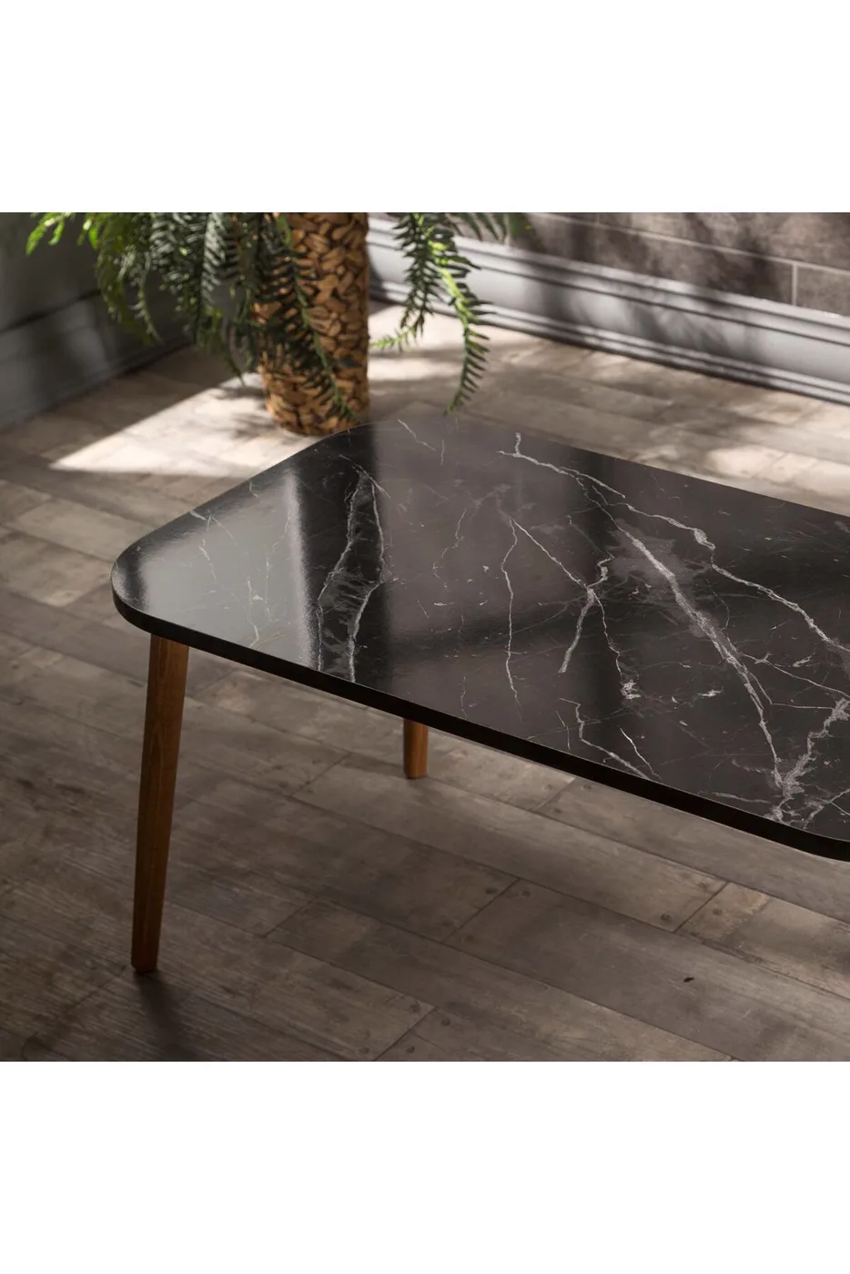 Rectangular Coffee & Nesting Table Set Turned Wooden Legs - Black Marble Effect
