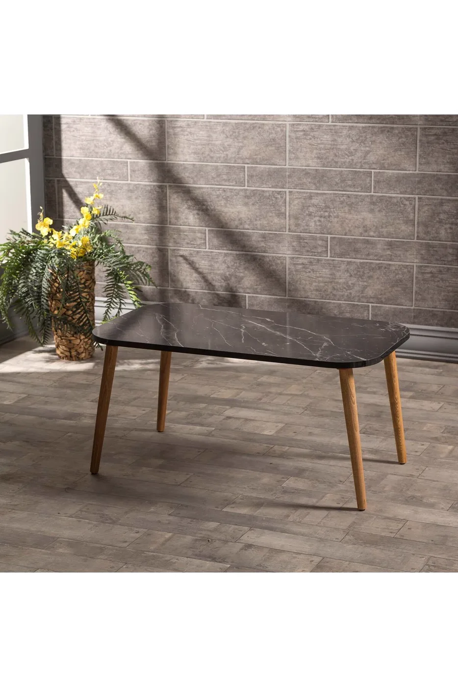 Rectangular Coffee & Nesting Table Set Turned Wooden Legs - Black Marble Effect