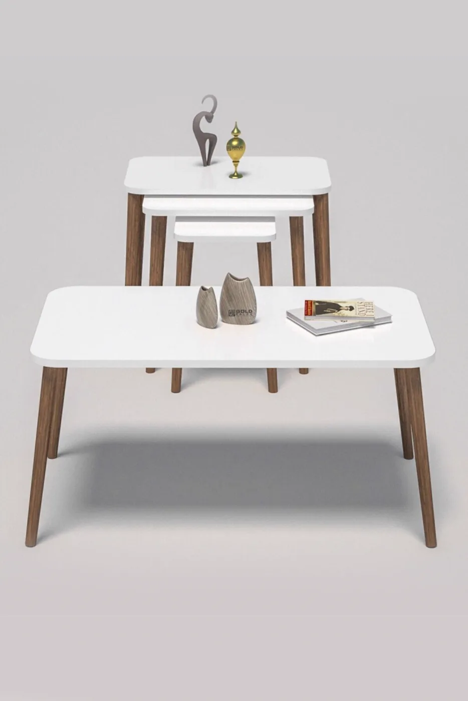 Rectangular Coffee & Nesting Table Set Turned Wooden Legs - White