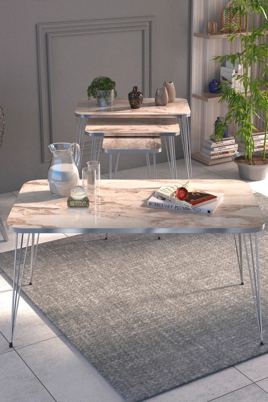 Rectangular 4-Piece Table Set Gold Wire Legs - White Marble Effect