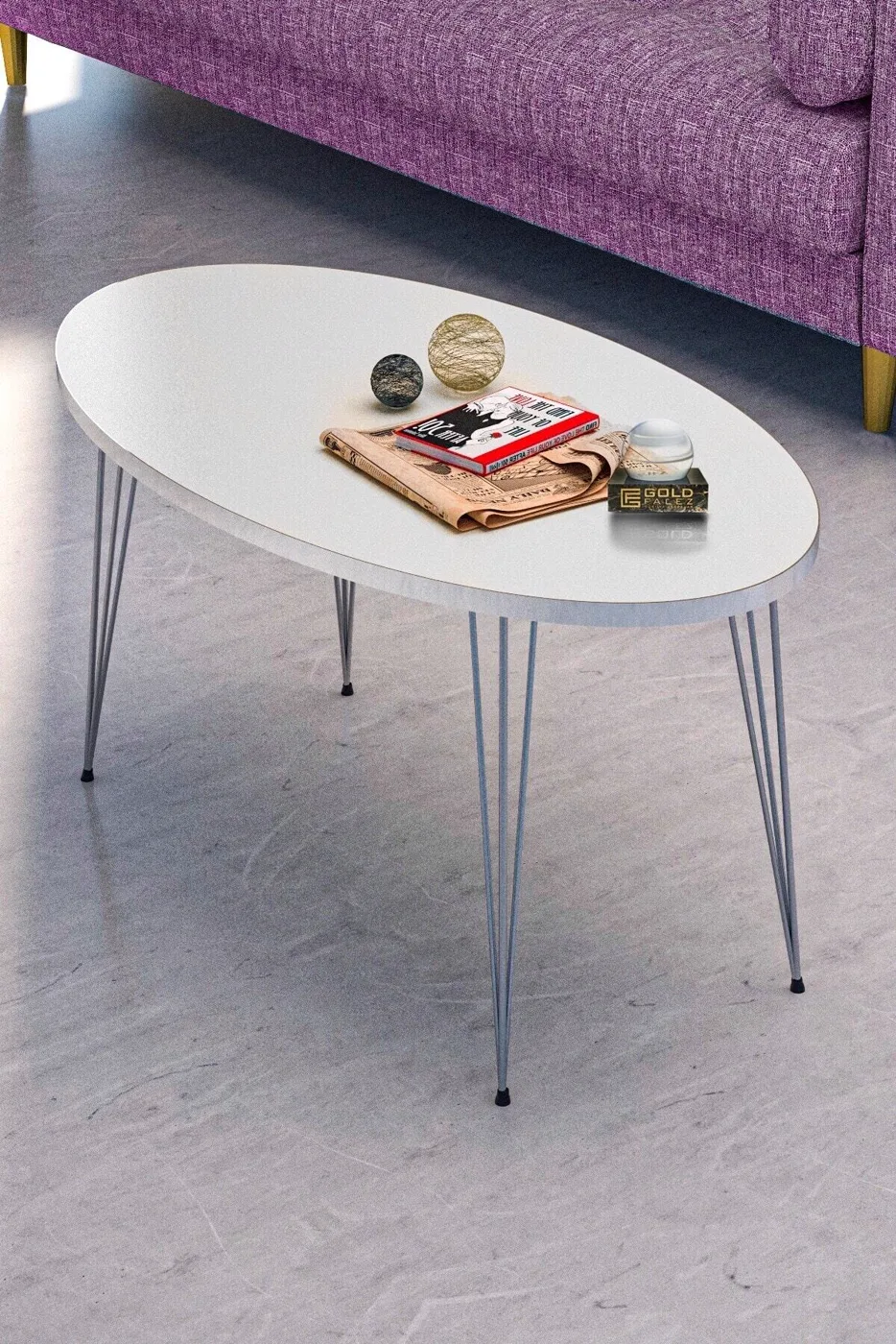 Oval 4-Piece Table Set Gold Wire Legs - White