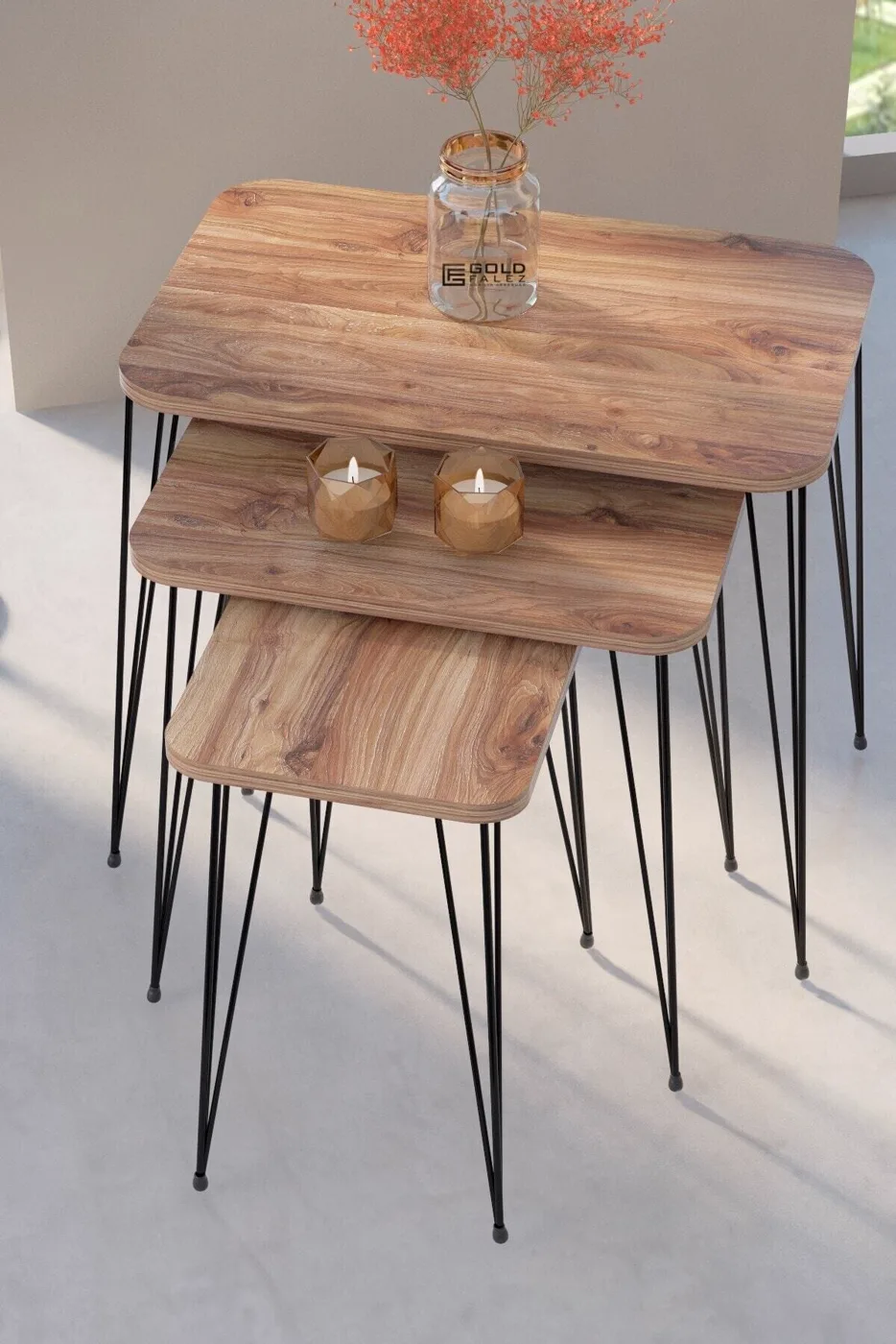 Rectangular Nesting Table Set Wire Legs - Walnut
