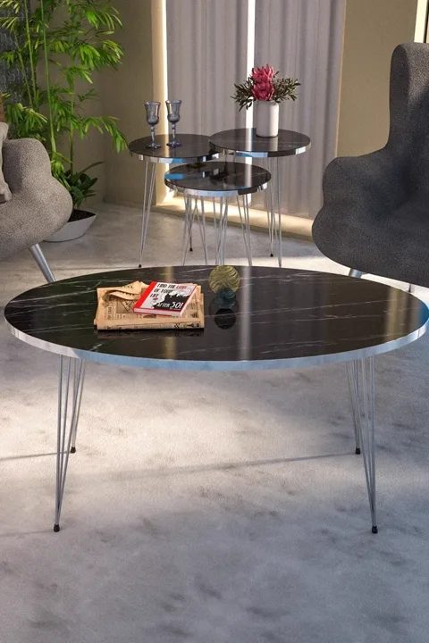 Oval 4-Piece Table Set Gold Wire Legs - Black Marble Effect
