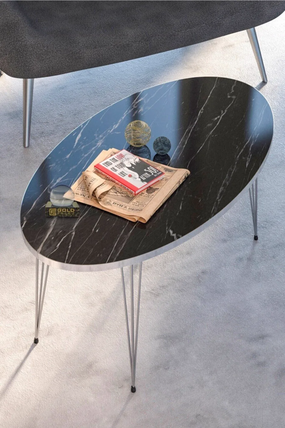 Oval 4-Piece Table Set Gold Wire Legs - Black Marble Effect