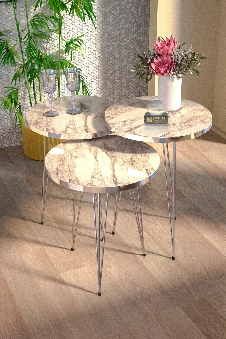 Oval 4-Piece Table Set Gold Wire Legs - White Marble Effect